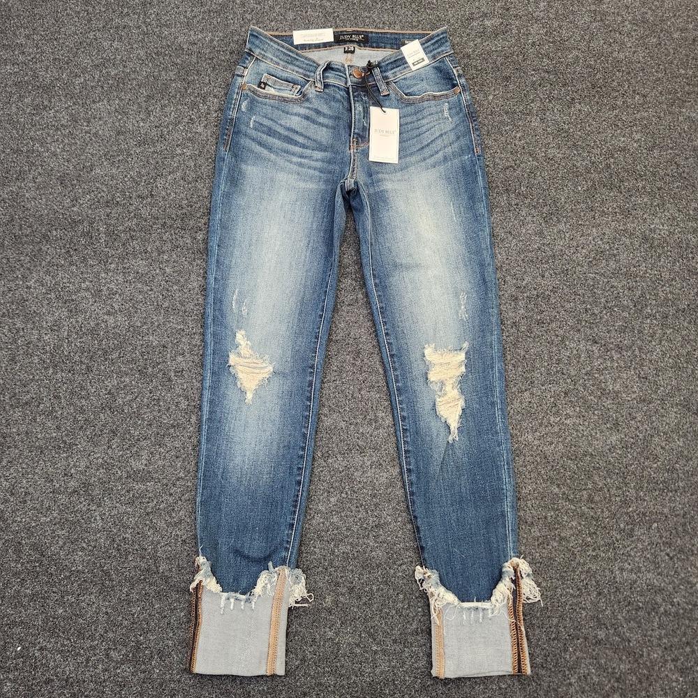 NWT Judy Blue Womens 3|26 JB82113DK Jeans Mid Rise Skinny Distressed Cuffed